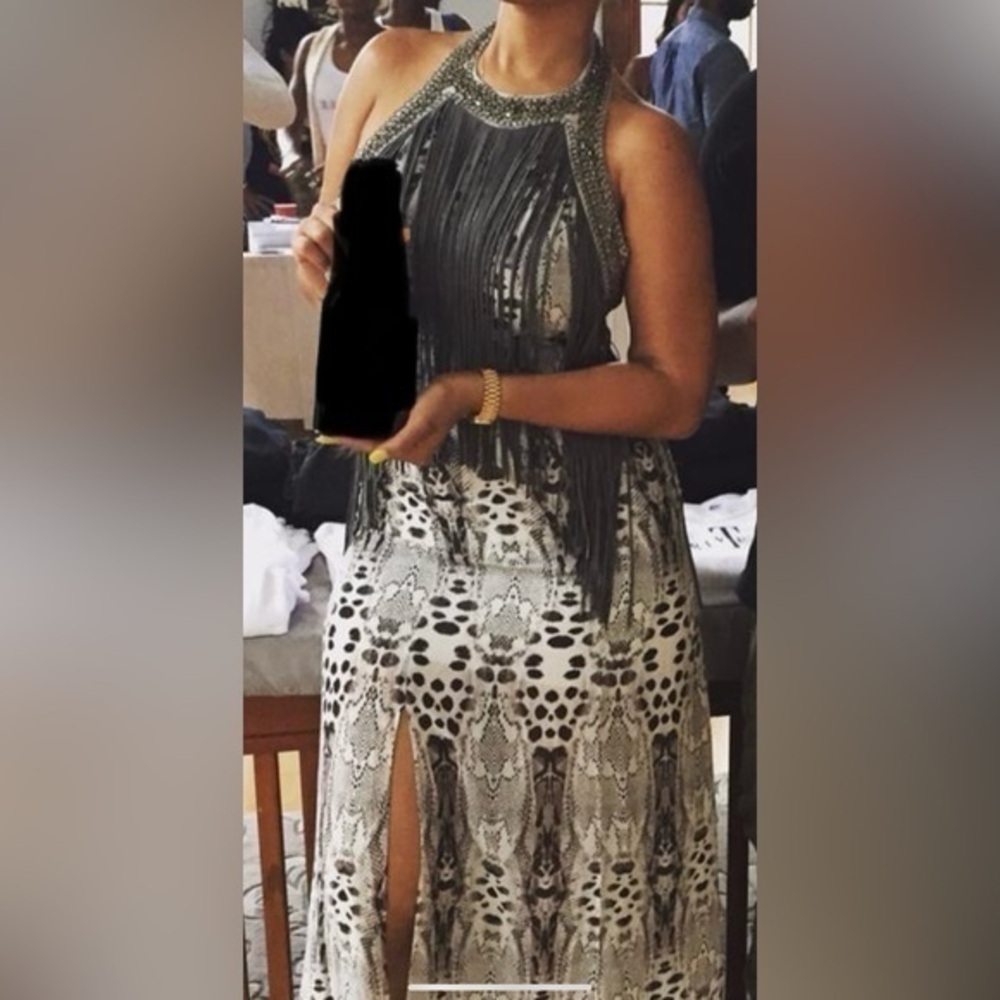 Hot sexy summer Bebe printed grey  limited edition fringe halter  maxi dress